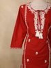 Vermilion Red Floral Thread Embroidered Design Cotton Straight Cut Salwar Suit with Dupatta