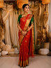 Vermilion Red Paisley Zari Woven Design Pure Kanchipuram Silk Saree with Contrast Paisley Zari Border