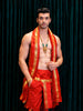 Vermilion Red Traditional Silk Panchagajam Dhoti Set with Contrast Gold Zari Border & Matching Angavastram
