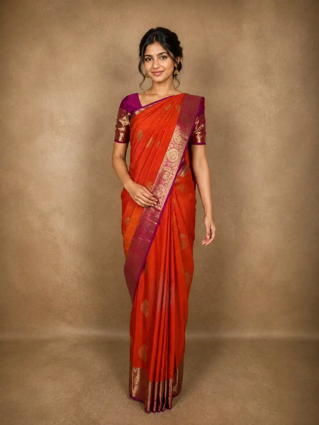 Vermilion Orange Geometric Zari Woven Design Pure Kanchipuram Silk Saree with Contrast Zari Border