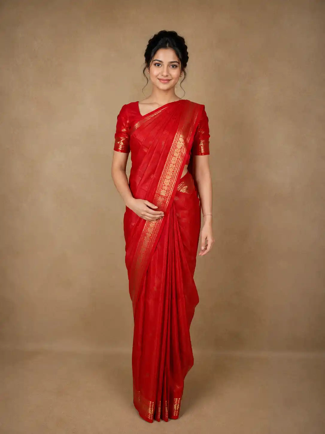 Vermilion Red Floral Butta Woven Design Pure Kanchipuram Silk Saree with Peacock Zari Border