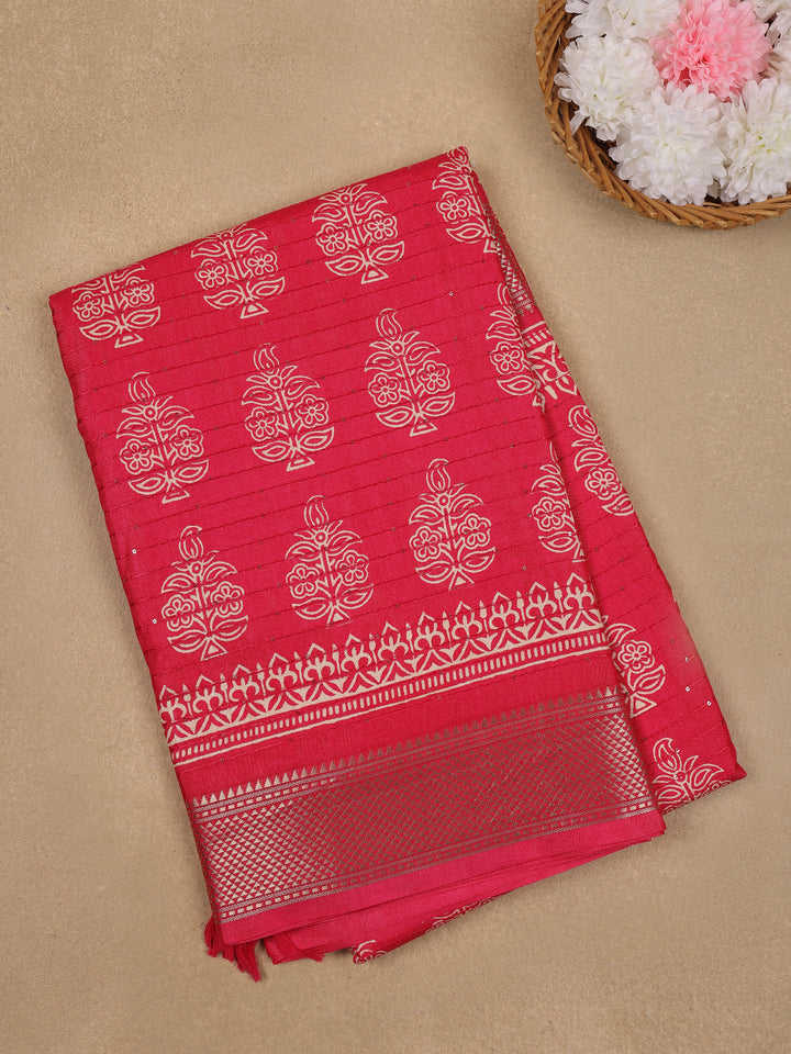 Vermilion Red Floral Designed Cotton Saree - Diadem