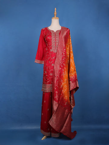 Vermilion Red Floral Designed Semi Silk Palazzo Salwar Suit - Diadem