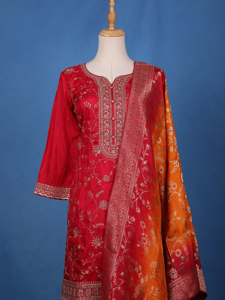 Vermilion Red Floral Designed Semi Silk Palazzo Salwar Suit - Diadem