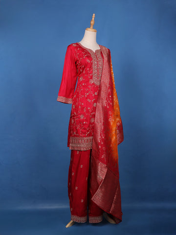 Vermilion Red Floral Designed Semi Silk Palazzo Salwar Suit - Diadem