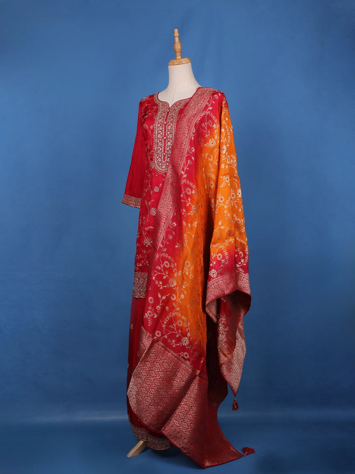 Vermilion Red Floral Designed Semi Silk Palazzo Salwar Suit - Diadem