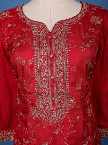 Vermilion Red Floral Designed Semi Silk Palazzo Salwar Suit - Diadem
