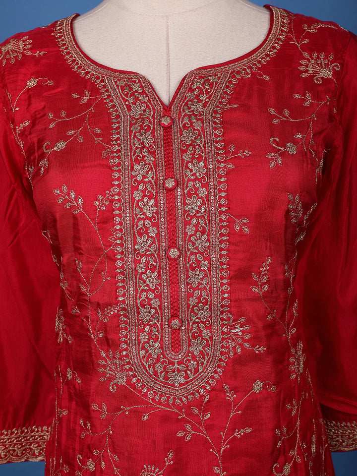 Vermilion Red Floral Designed Semi Silk Palazzo Salwar Suit - Diadem