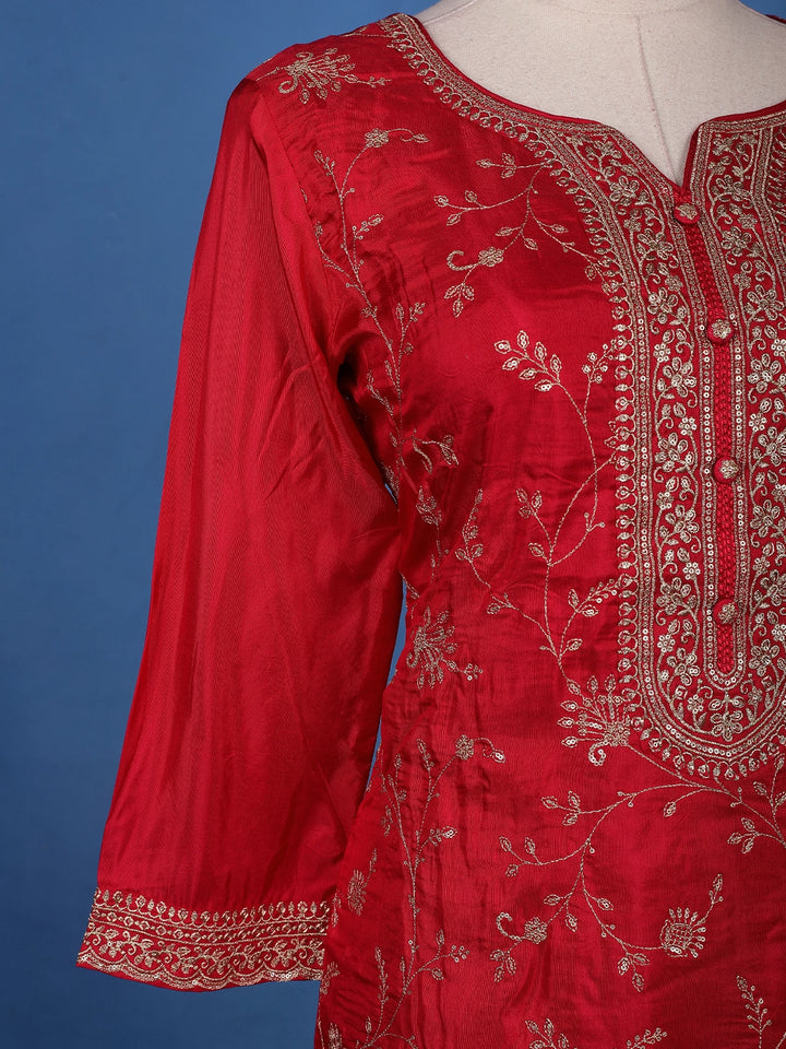 Vermilion Red Floral Designed Semi Silk Palazzo Salwar Suit - Diadem