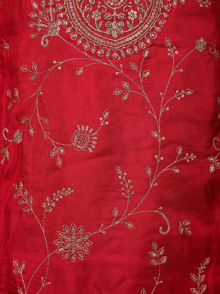Vermilion Red Floral Designed Semi Silk Palazzo Salwar Suit - Diadem