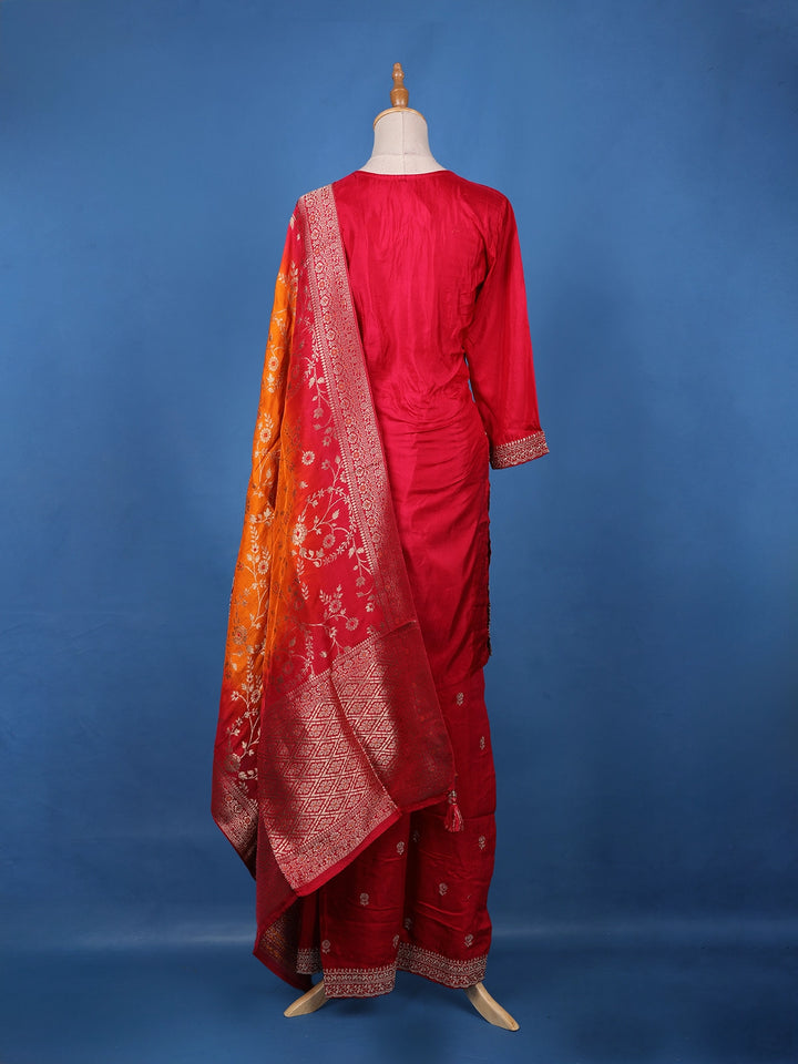 Vermilion Red Floral Designed Semi Silk Palazzo Salwar Suit - Diadem