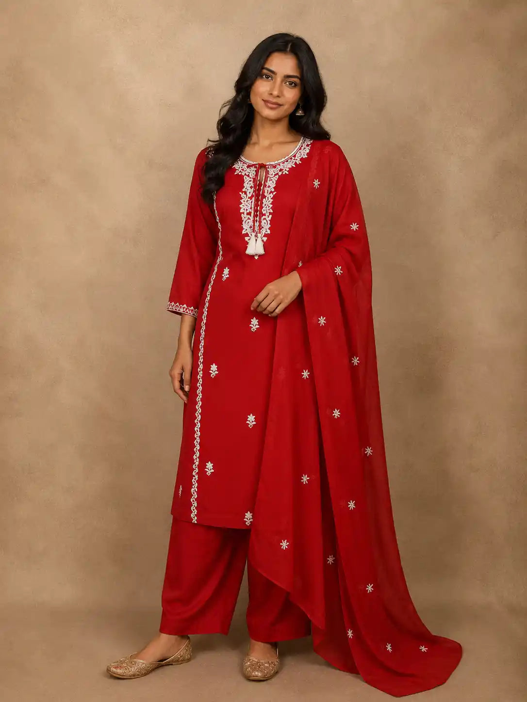 Vermilion Red Floral Thread Embroidered Design Cotton Straight Cut Salwar Suit with Dupatta