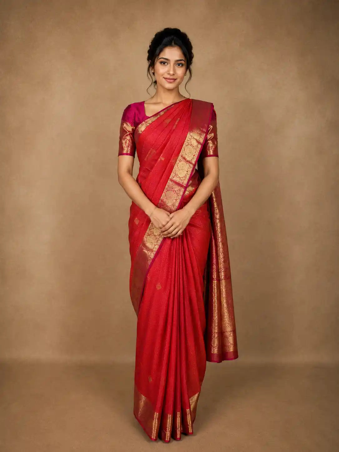 Vermillion Red Mini Checked  Zari Woven Design Pure Kanchipuram Silk Saree with Contrast Zari Border