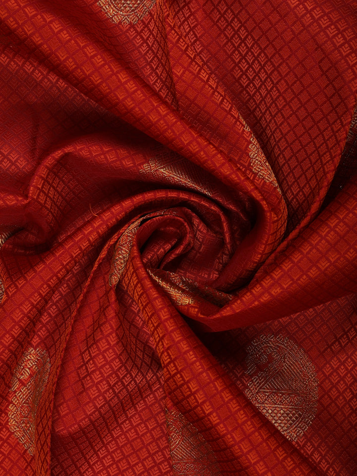 Vermillion Red Woven Checks Pattern Zari Border Silk Saree - Diadem