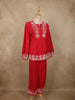 Vibrant Cherry Red Floral Thread Embroidered Design Cotton Co-ord Set