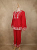 Vibrant Cherry Red Floral Thread Embroidered Design Cotton Co-ord Set