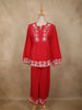 Vibrant Cherry Red Floral Thread Embroidered Design Cotton Co-ord Set
