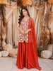 Vibrant Orange Floral Vine Beads Embroidered Design Chiffon Party Wear Peplum Palazzo Suit with Matching Dupatta