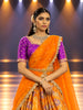 Vibrant Orange Floral Vine Zari Woven Design Pure Kanchipuram Silk Traditional Wear Dhavani Set with Contrast Hand Work Designer Blouse and Matching Orange  Dupatta