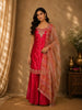 Vibrant Rani Pink Floral Zari Embroidered Design Velvet Palazzo Suit with Contrast Dupatta