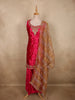 Vibrant Rani Pink Floral Zari Embroidered Design Velvet Palazzo Suit with Contrast Dupatta