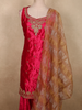 Vibrant Rani Pink Floral Zari Embroidered Design Velvet Palazzo Suit with Contrast Dupatta