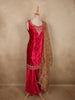 Vibrant Rani Pink Floral Zari Embroidered Design Velvet Palazzo Suit with Contrast Dupatta