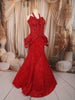 Vibrant Red Abstract Sequins and Beads Embroidered Design Net Mermaid Bridal Lehenga Designer Corset Blouse and Matching Draped Dupatta