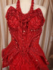 Vibrant Red Abstract Sequins and Beads Embroidered Design Net Mermaid Bridal Lehenga Designer Corset Blouse and Matching Draped Dupatta