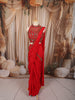 Vibrant Red Antique Beads Embroidered Design Satin Ready to Wear Party Saree with Designer Blouse