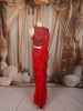 Vibrant Red Antique Beads Embroidered Design Satin Ready to Wear Party Saree with Designer Blouse