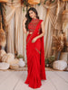 Vibrant Red Antique Beads Embroidered Design Satin Ready to Wear Party Saree with Designer Blouse