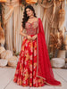 Vibrant Red Floral Printed and Beads Embroidered Design Choffon Party Lehenga with Matching Dupatta