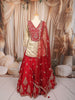 Vibrant Red and Gold Floral Sequins and Zari Embroidered Design Tissue Silk Festive Lehenga with Matching Dupatta