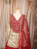 Vibrant Red and Gold Floral Sequins and Zari Embroidered Design Tissue Silk Festive Lehenga with Matching Dupatta