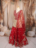 Vibrant Red and Gold Floral Sequins and Zari Embroidered Design Tissue Silk Festive Lehenga with Matching Dupatta