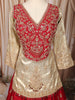 Vibrant Red and Gold Floral Sequins and Zari Embroidered Design Tissue Silk Festive Lehenga with Matching Dupatta