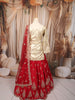 Vibrant Red and Gold Floral Sequins and Zari Embroidered Design Tissue Silk Festive Lehenga with Matching Dupatta