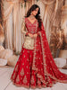 Vibrant Red and Gold Floral Sequins and Zari Embroidered Design Tissue Silk Festive Lehenga with Matching Dupatta