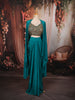 Vibrant Teal Blue Bronze Metallic Embellished Design Satin Ready to Wear Draped Saree with Coat