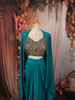 Vibrant Teal Blue Bronze Metallic Embellished Design Satin Ready to Wear Draped Saree with Coat