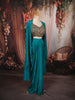 Vibrant Teal Blue Bronze Metallic Embellished Design Satin Ready to Wear Draped Saree with Coat
