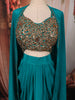 Vibrant Teal Blue Bronze Metallic Embellished Design Satin Ready to Wear Draped Saree with Coat