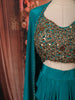 Vibrant Teal Blue Bronze Metallic Embellished Design Satin Ready to Wear Draped Saree with Coat