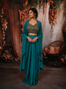 Vibrant Teal Blue Bronze Metallic Embellished Design Satin Ready to Wear Draped Saree with Coat