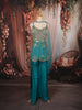Vibrant Turquoise Blue Heavy Mirror and Metallic Embroidered Design Satin Palazzo Suit with Choker Dupatta
