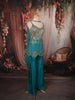 Vibrant Turquoise Blue Heavy Mirror and Metallic Embroidered Design Satin Palazzo Suit with Choker Dupatta