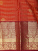 Vibrant Vermilion Orange Mini checked and Butta Zari Woven Design Pure Kanchipuram Silk Saree with Contrast  Peacock Zari Border