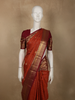Vibrant Vermilion Orange Mini checked and Butta Zari Woven Design Pure Kanchipuram Silk Saree with Contrast  Peacock Zari Border