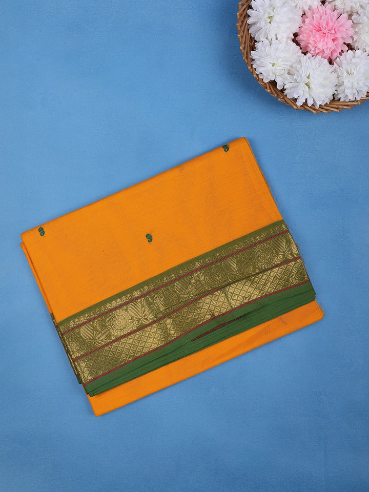 Vibrant Yellow Scattered Green Motifs Cotton Saree - Diadem